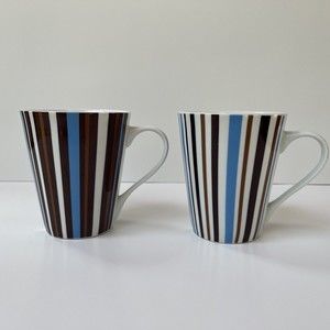 Two Red Vanilla Vertical Edge Brown, White,  & Blue Ceramic Striped  8 oz. Mugs
